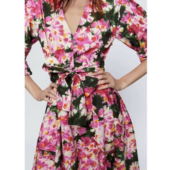 ZARA Pink Floral Print Midi Belted Dress - M - Picture 14 of 15